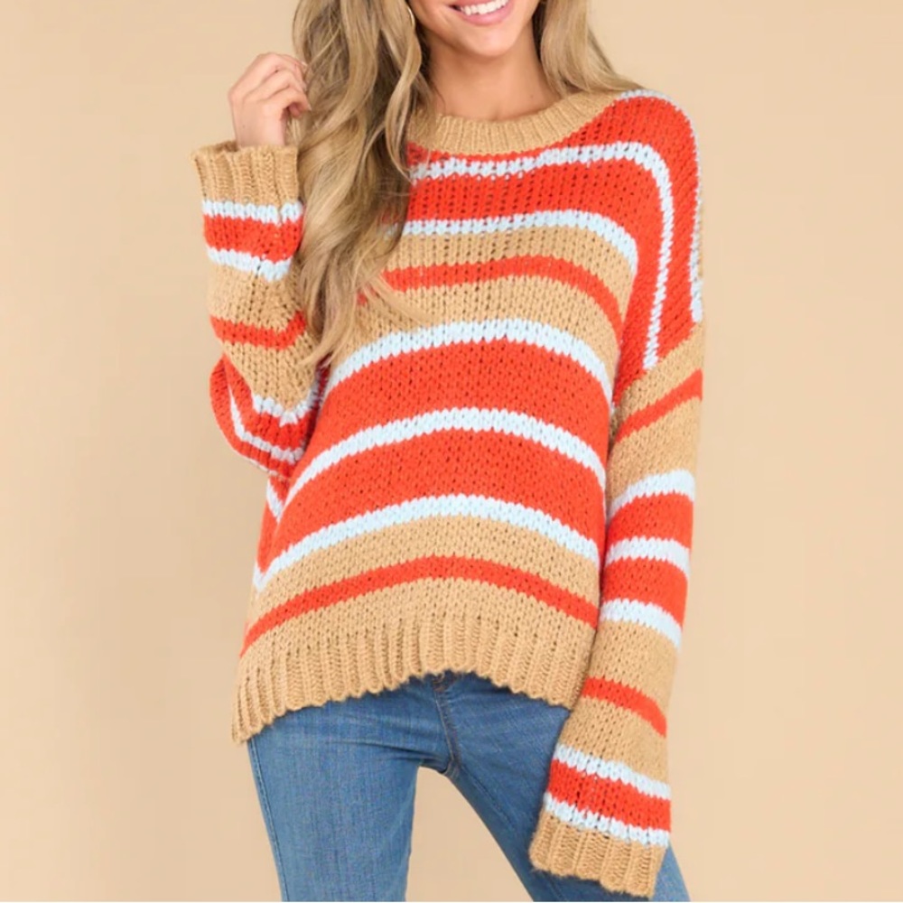 RED DRESS Good Pep Talk Tan Multi Stripe Sweater